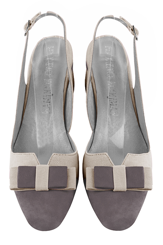 Pebble grey and light silver women's open back shoes, with a knot. Round toe. Low flare heels. Top view - Florence KOOIJMAN